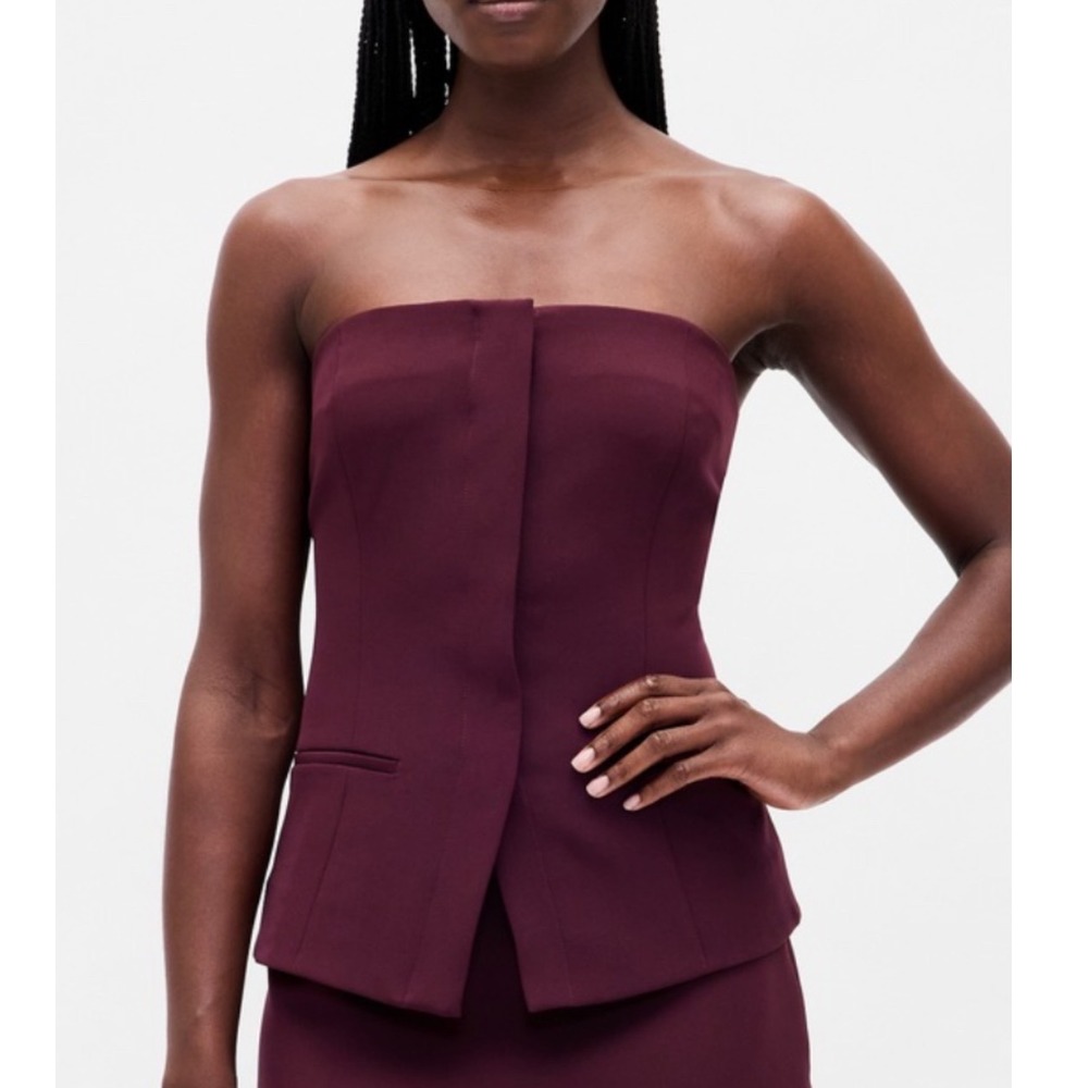 GAP Strapless Tail Top Women Size L Bordeaux Red Structured Fold Front NEW